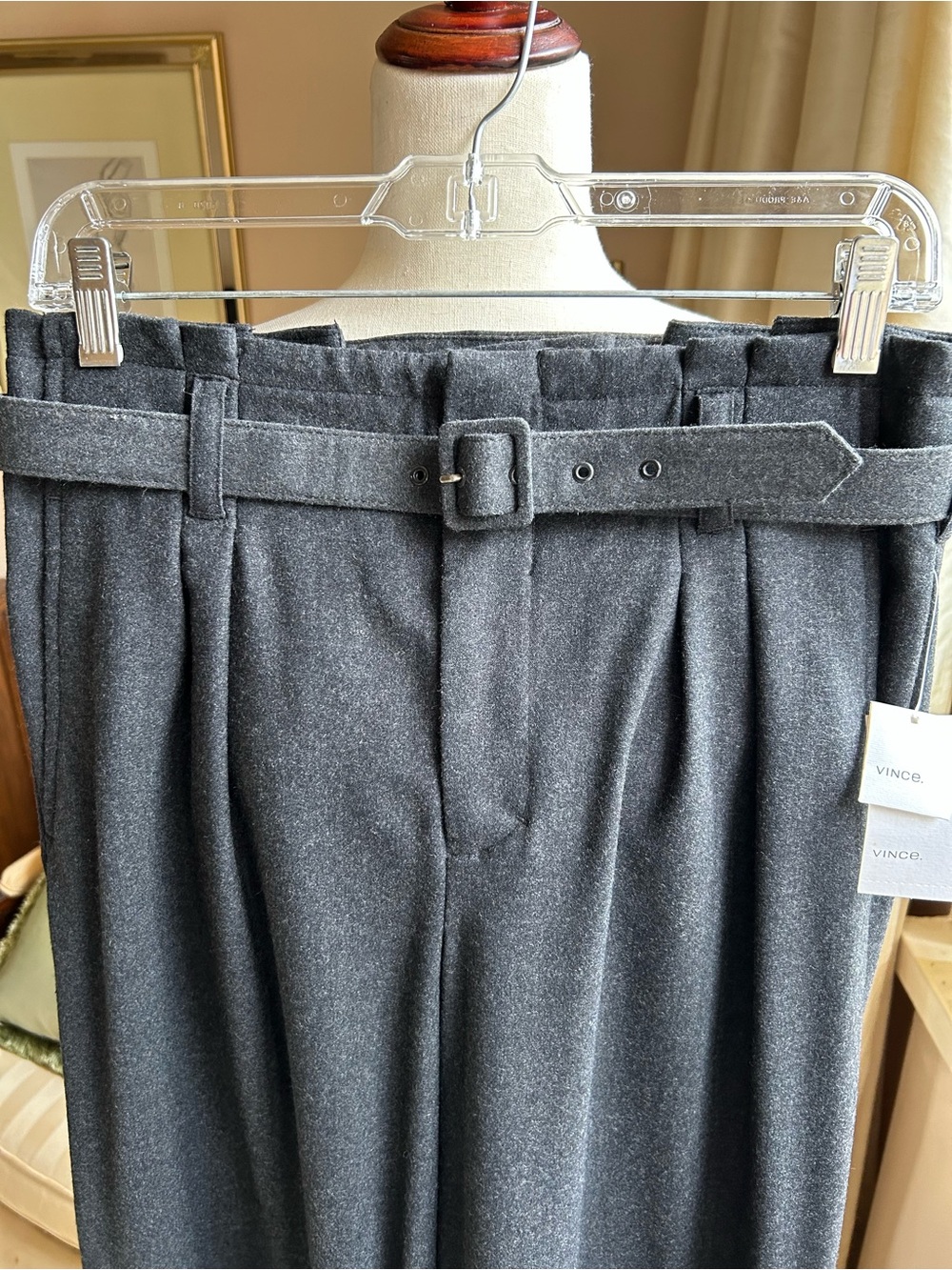 NWT Vince Wool Flannel Paperbag Waist wide Leg Trouser with Self Belt